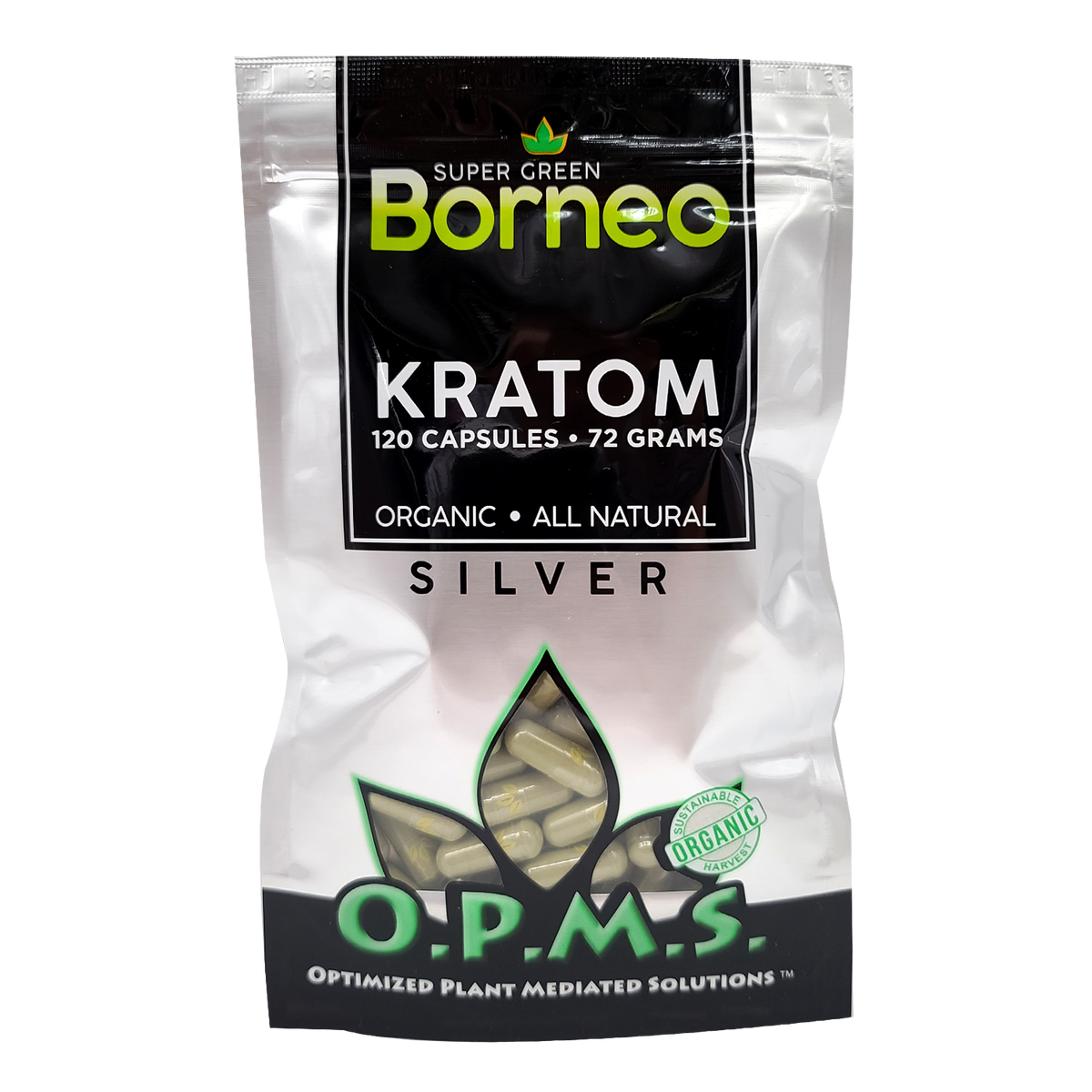 120ct OPMS Silver Super Green Borneo Kratom Extract Capsules