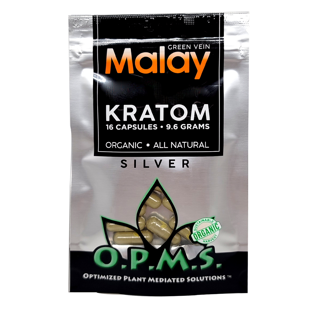 16ct OPMS Silver Green Vein Malay Kratom Extract Capsules