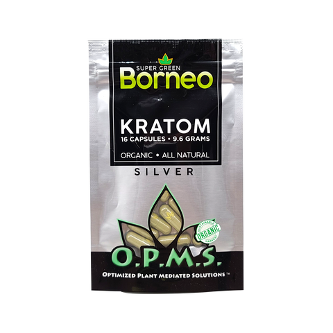 16ct OPMS Silver Super Green Vein Borneo Kratom Extract Capsules