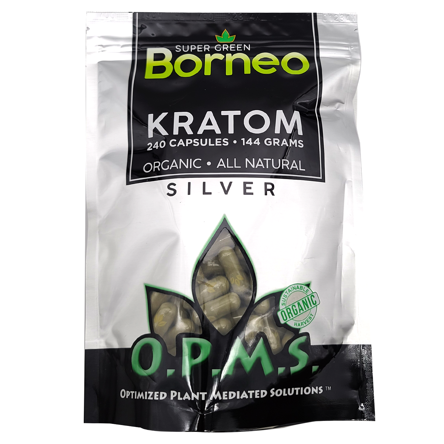 240ct OPMS Silver Super Green Borneo Kratom Extract Capsules
