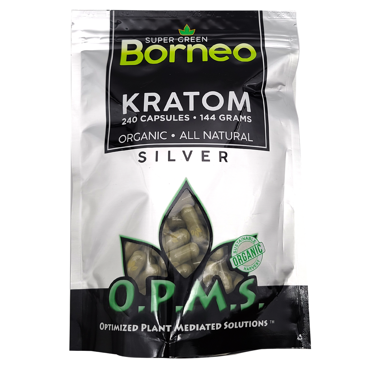 240ct OPMS Silver Super Green Borneo Kratom Extract Capsules