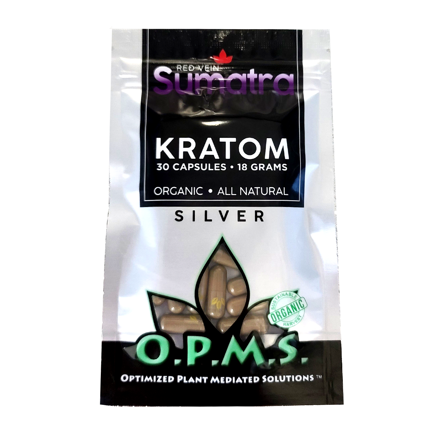 30ct OPMS Silver Red Vein Sumatra Kratom Extract Capsules