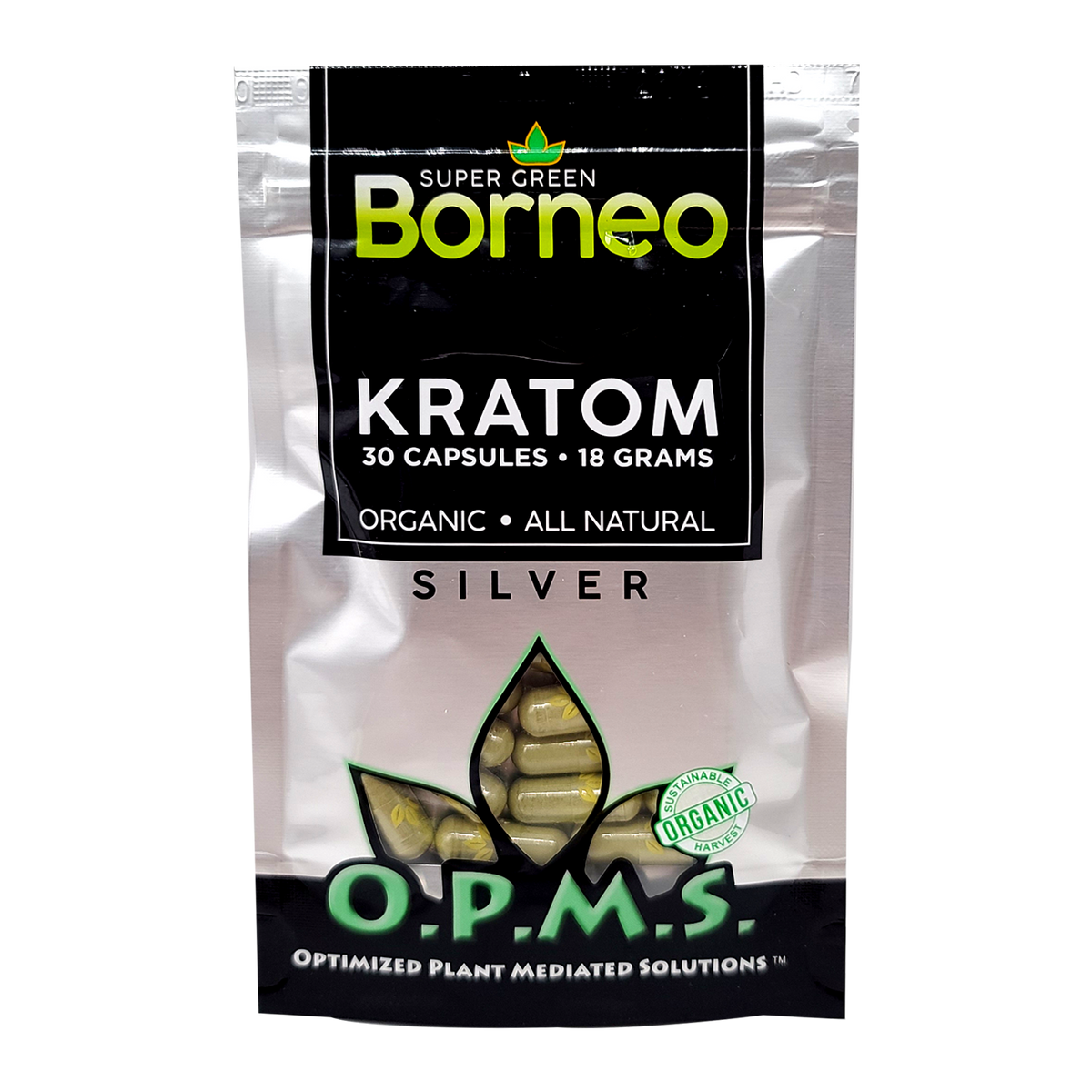 30ct OPMS Silver Super Green Borneo Kratom Extract Capsules