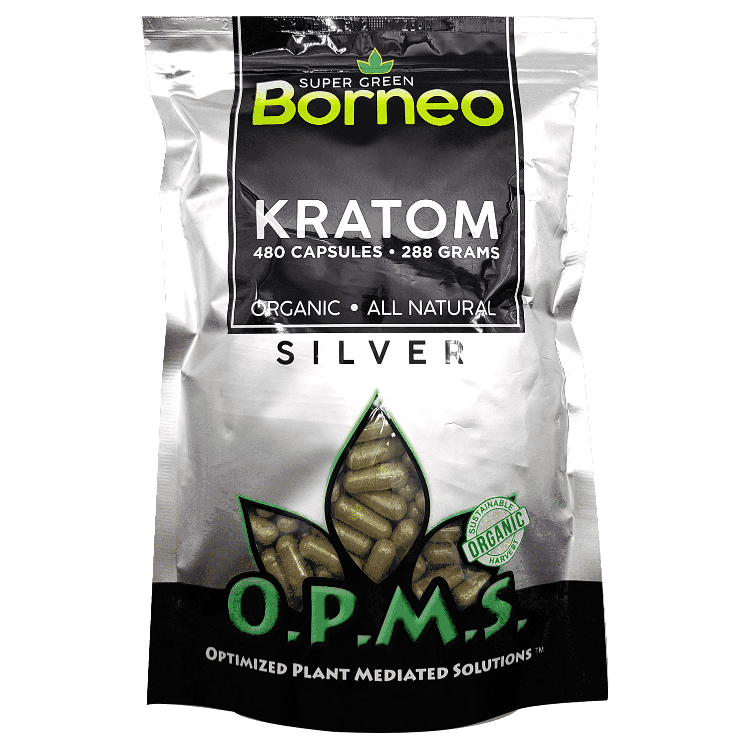 480ct OPMS Silver Super Green Borneo Kratom Extract Capsules