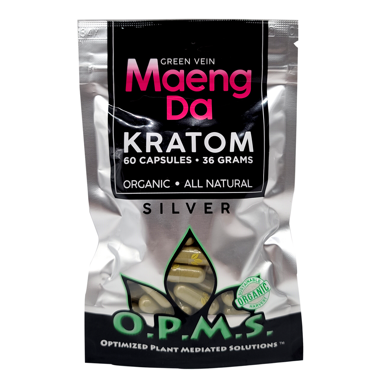 60ct OPMS Silver Green Vein Maeng Da Kratom Extract Capsules