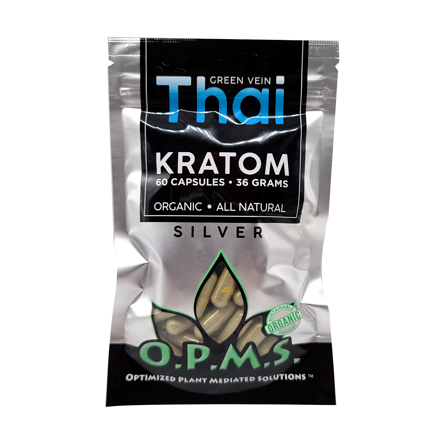 60ct OPMS Silver Green Vein Thai Kratom Extract Capsules