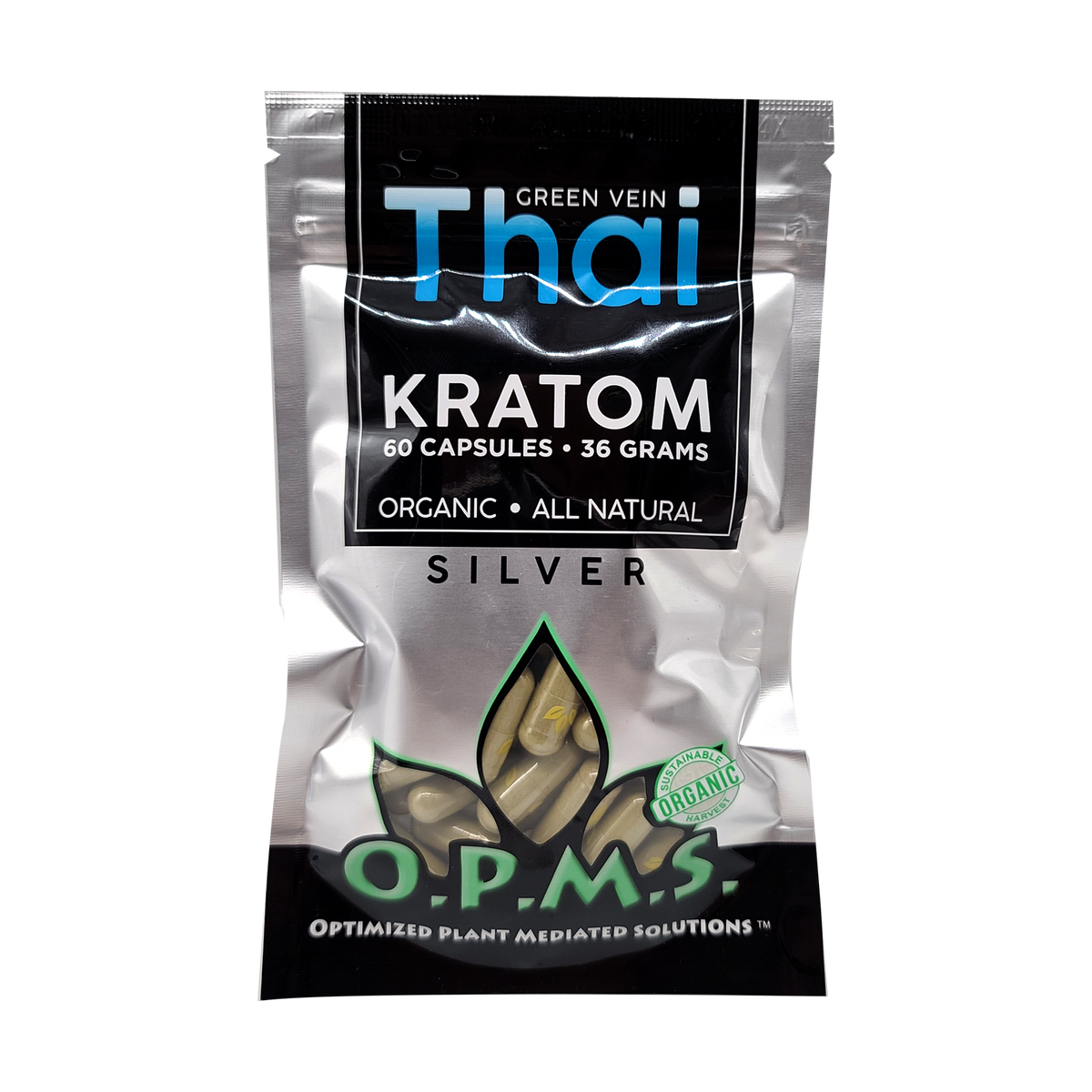 60ct OPMS Silver Green Vein Thai Kratom Extract Capsules