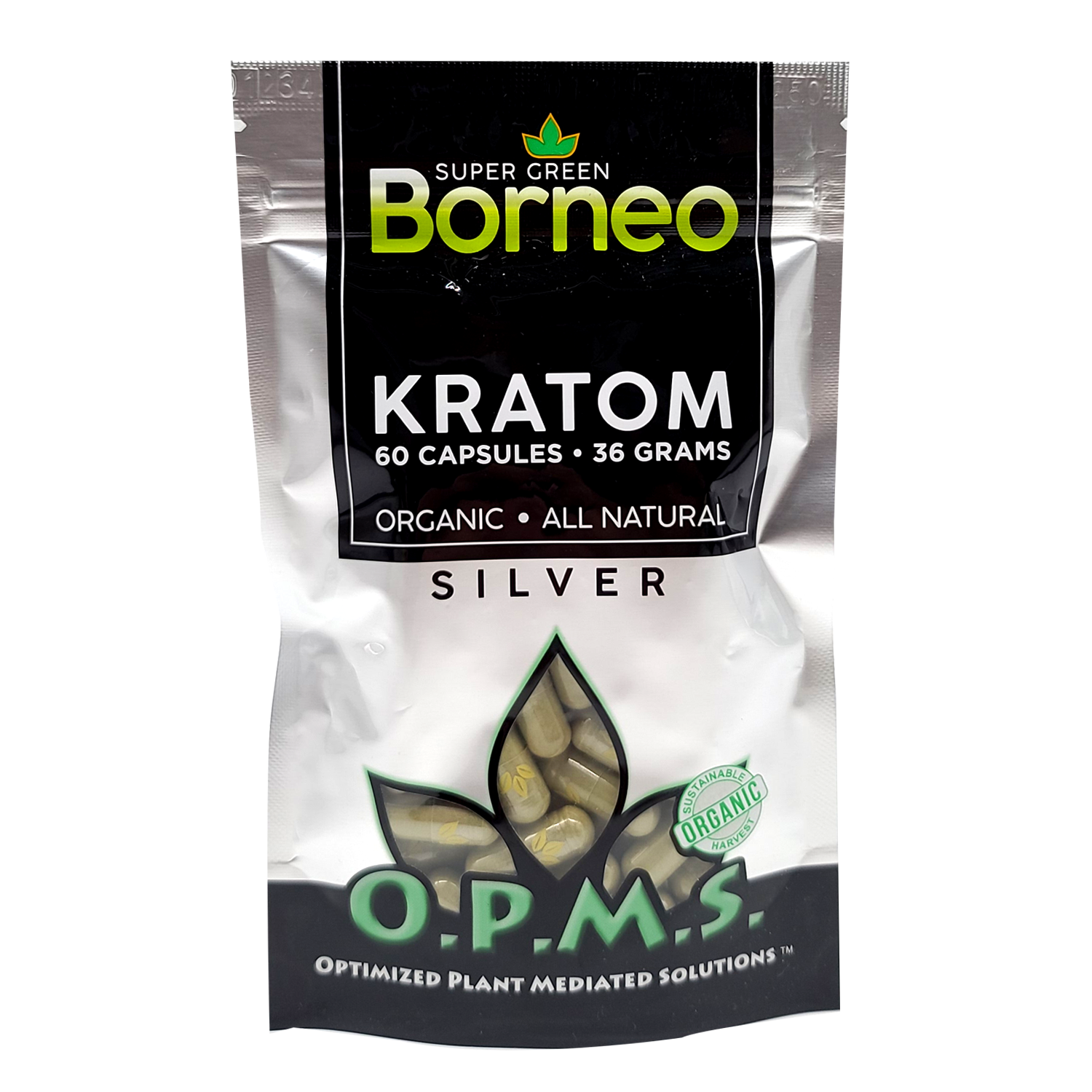 60ct OPMS Silver Super Green Borneo Kratom Extract Capsules