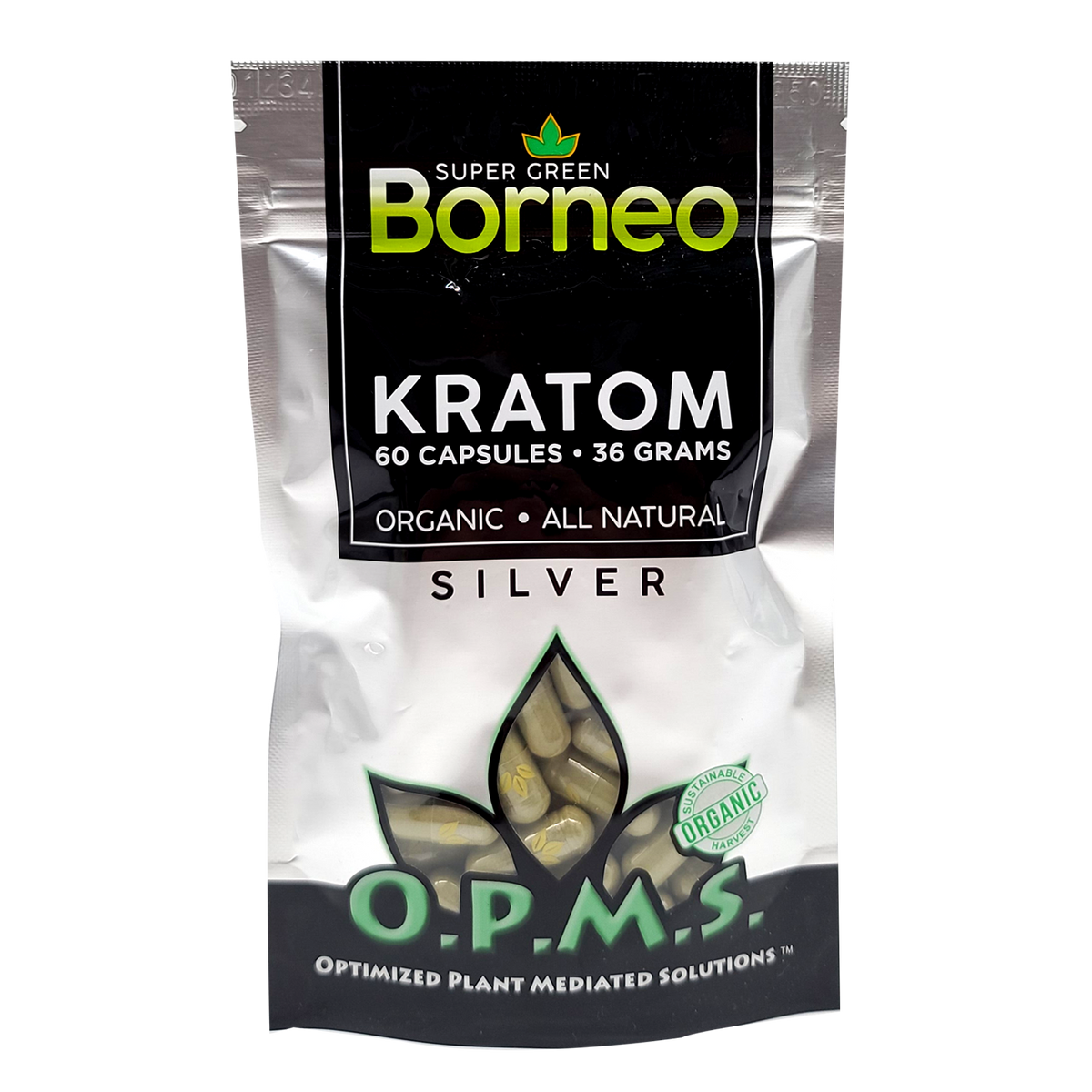 60ct OPMS Silver Super Green Borneo Kratom Extract Capsules